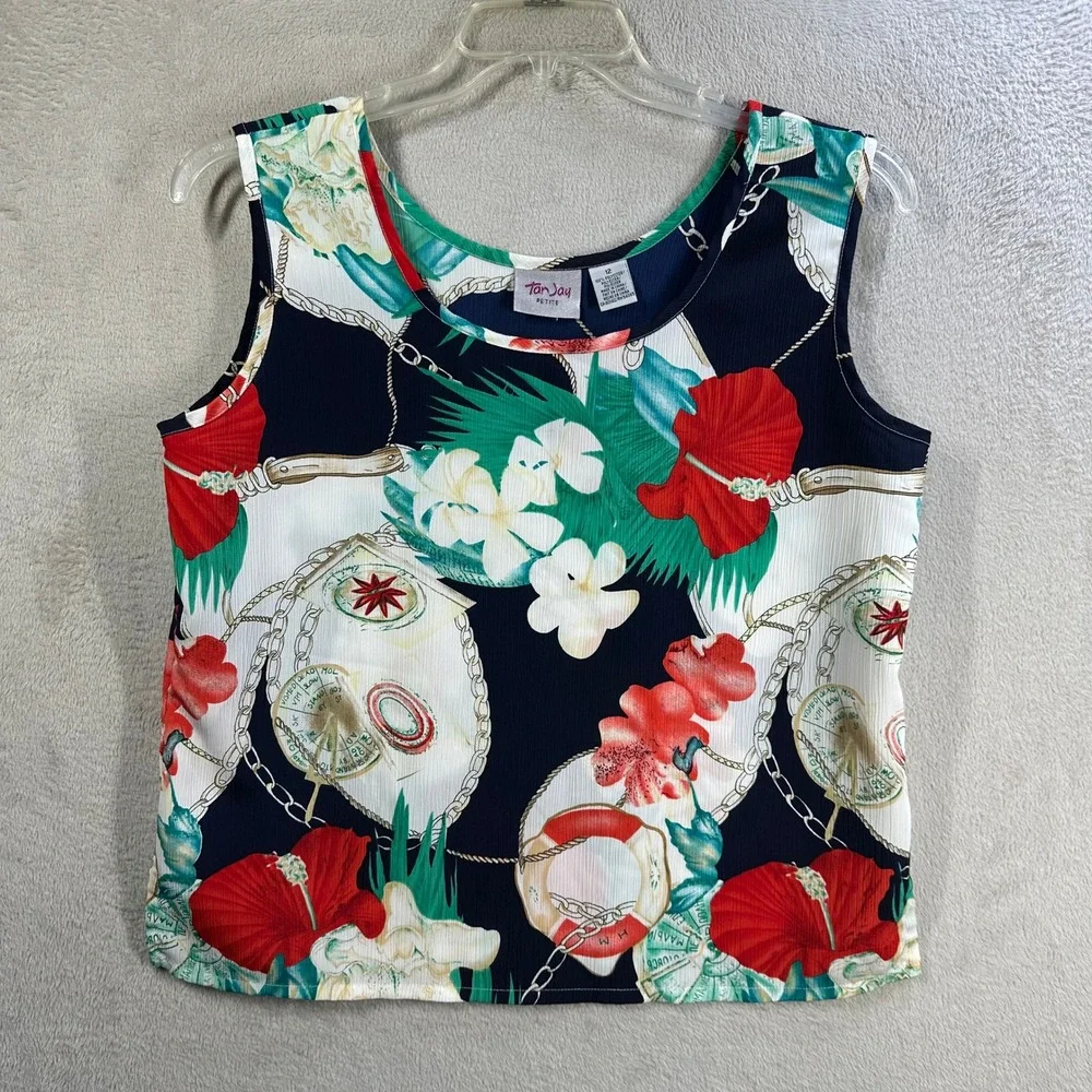 TanJay Petite Womens 2 Piece Set Shirt Tank Nautical Tropical Floral Navy Red 12
